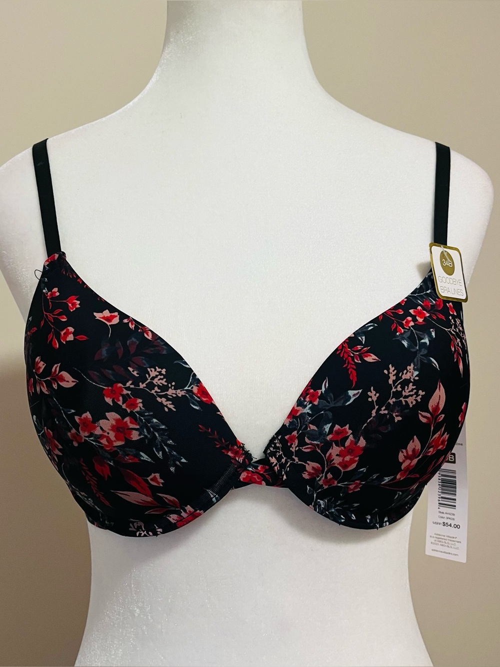Adrienne Vittadini Black Floral Padded Bra with Red Accent